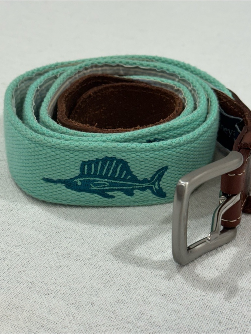 Vineyard Vines Mint Green Canvas Belt with Teal Sailfish Embroidery size 44